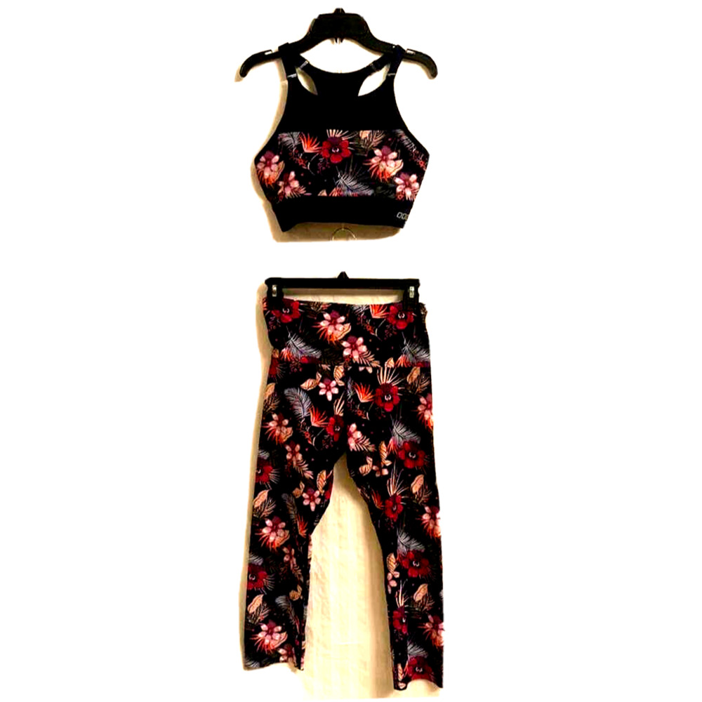 Lorna Jane Navy Exotic Tropical Flower 7/8 Tights & Sports Bra sz S YOGA PILATES